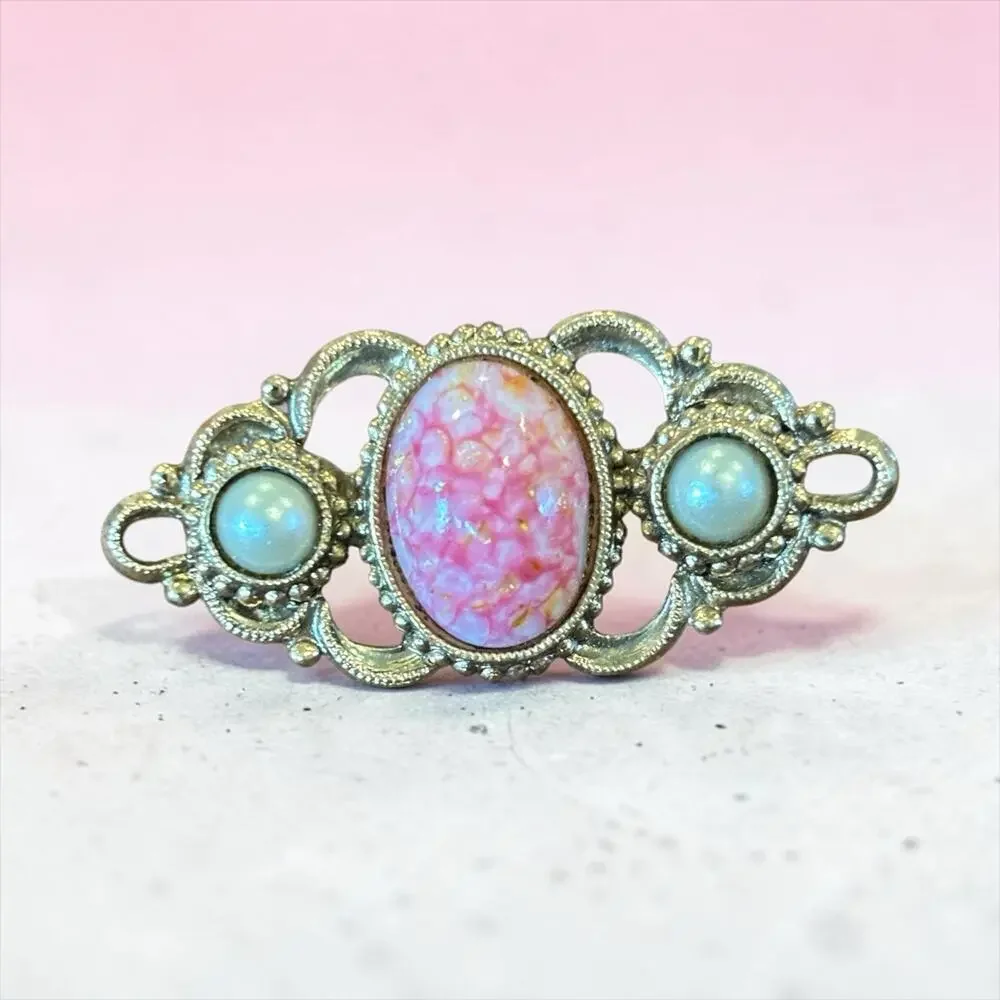 Vintage 1928 Pink Opal Glass Brooch Pearl Cabochon Victorian Revival Pin